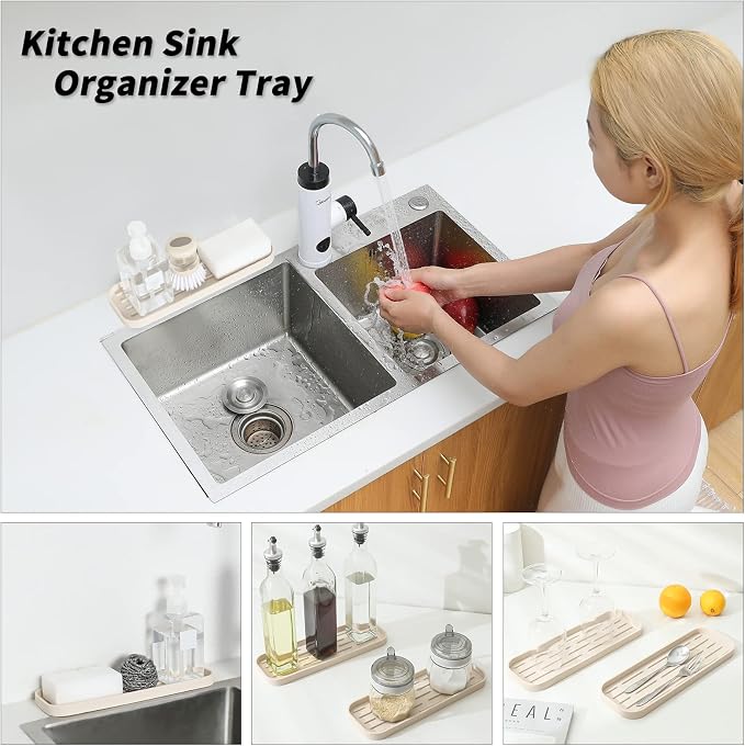 MicoYang Silicone Kitchen Sink Organizer Tray for Multiple Usage,Eco-Friendly Sponges Holder for Kitchen Bathroom Counter or Sink,Dish Soap Dispenser,Scrubber,Bottle,Cup (Tapioca, 12"×4")