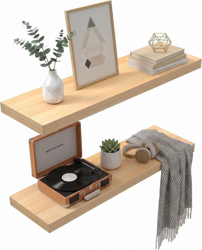Lufia Floating Wall Shelves, Set of 2, MDF with Invisible Brackets, Modern Storage for Bedroom, Bathroom, Living Room, Kitchen (Natural, 24" W x 7" D x 1.5" H (2 Pieces))