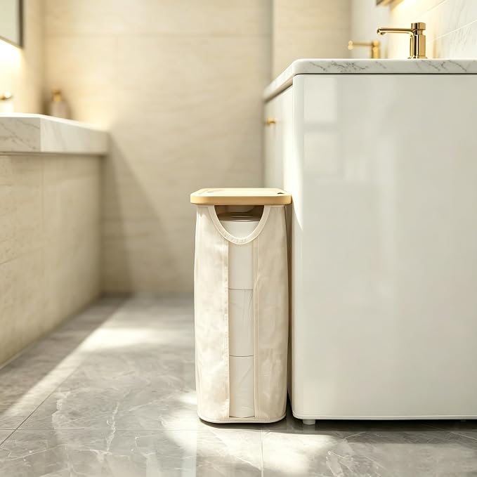 Oxford Fabric Toilet Paper Storage Basket with Lid, Free‑Standing Organizer Basket for Toilet Paper for RV Bathroom (Beige)