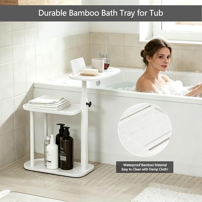 3 Layer Bathtub Tray Table,Bamboo Swivel Bathtub Side Table Height Adjustable,Freestanding Bathtub Tray for Tub Against Wall,Bathtub Accessories&Bathroom Organizer for Luxury Home Spa (White)