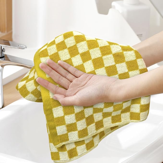 Jacquotha 4 Pcs Hand Towels for Bathroom Checkered, Yellow | Cotton Soft Absorbent Cute Checkered Bathroom Towel, Fall Decor, 13 x 29 Inches