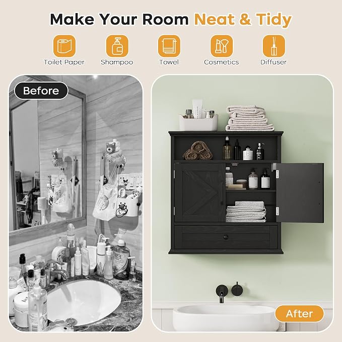 Bathroom Wall Cabinet, Wall Mounted Medicine Cabinet 24.4"H x 23.6"W x 9"D | With Drawer, Barn Doors & Adjustable Shelf, Black Over Toilet Farmhouse Storage Cabinet for Kitchen, Laundry Room, Entryway