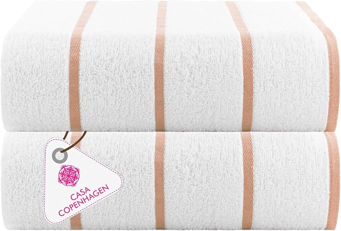 CASA COPENHAGEN Cabana Pool 2Pcs 100% Egyptian Cotton XL Designer Bathsheet Beach Towels Gift Set- White Ecru, 500GSM, 35"x70", Bath Sheet Beach Towels (Box Pack, Set for Women & Men)
