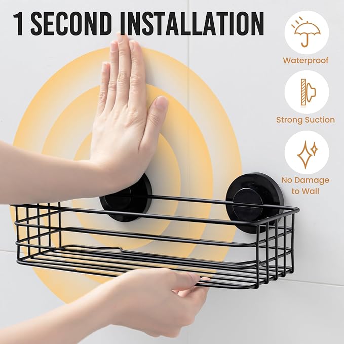 Shower Caddy Suction Cup, 3 Pack Heavy Duty Bathroom Organizer | Black bathroom Holder, Shower Caddy with Hooks & Soap holder, Removable Shower Storage