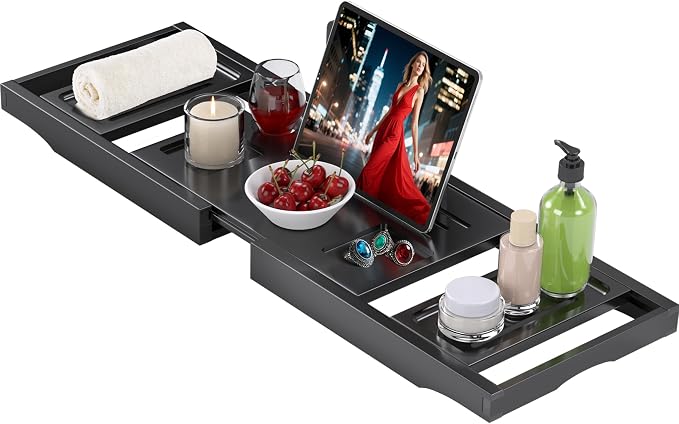 Bathtub Tray Caddy, Bamboo Expandable Bath Tray for Tub | Foldable Bath Table Trays, Bathtub & Bathroom Accessories for New Home & Mothers, Birthday Gifts for Mom, Black