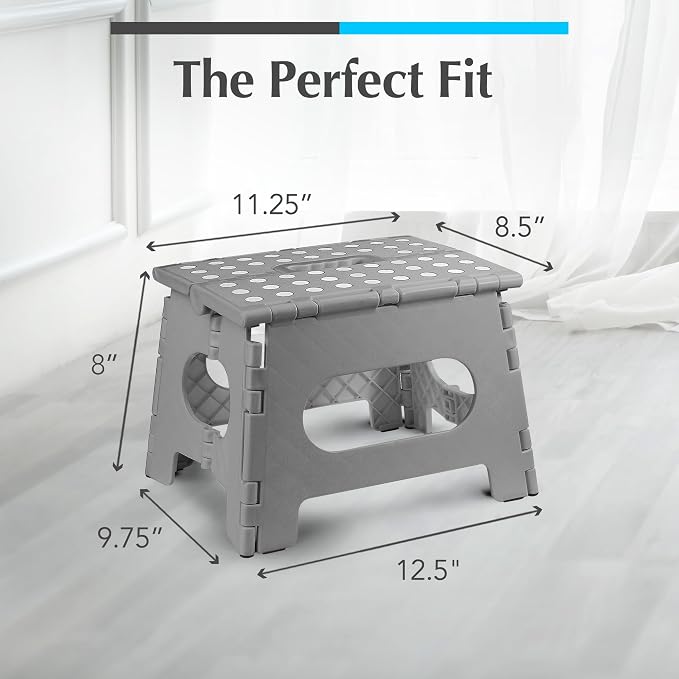 Handy Laundry Folding Step Stool 8 Inch, Gray, Non-Slip Holds 300 lbs | 8 Inch, Gray, Foldable Collapsible Step Stool, Non-Slip, Holds 300 lbs, Kitchen Bathroom Bedroom, Adults