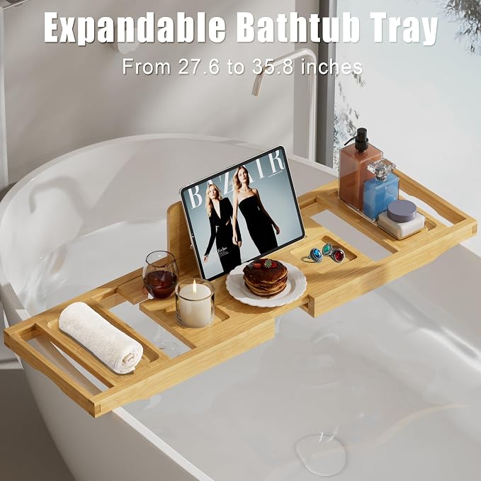 Bathtub Tray Caddy, Bamboo Expandable Bath Tray for Tub | Foldable Bath Table Trays, Bathtub & Bathroom Accessories for New Home & Mothers, Birthday Gifts for Mom, Natural
