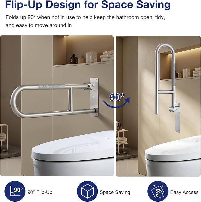 24 Inch Toilet Grab Bar-304 Stainless Steel Flip Up Handrail | Anti-slip grip| Brushed finish | Wall mount | Space saving fold up design | Template & hardware included