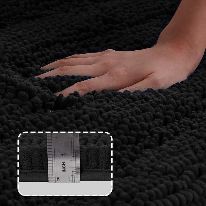 Turquoize Luxury Chenille Bath Rug for Bathroom Rugs Extra Absorbent Bath Mat Non Slip Microfiber Shower Rug for Bathroom Microfiber Shaggy Carpet Rug Size, 20"x 32", Black