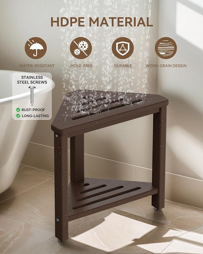 Shower Foot Rest 15in, HDPE Waterproof Shower Stool for Inside Shower, Corner Shower Stool for Shaving Legs with Storage Shelf for Small Space, Shower Step Stool, Plastic Corner Shower Bench, Brown
