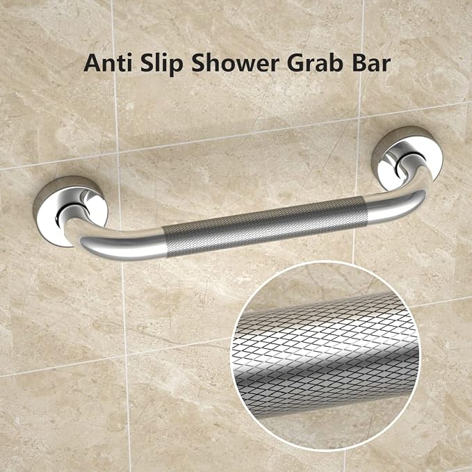 12 Inch Anti Slip Shower Grab Bar,Chrome Finish Bath Grab Bar-1Pack | Knurled Bathroom Safety Rail, Stainless Steel,Shower Handrail Support, Handicap Elderly Injury Senior Balance Assist Handles