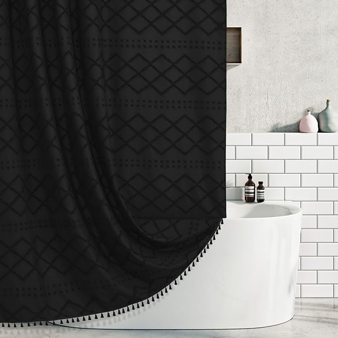 Extra Long Black Woven Fabric Boho Shower Curtain with Tassels 72 x 80 Modern Farmhouse Minimalist, Tufted Chevron Textured Striped Shabby Chic, Water Resistant Cloth Curtain for Bathroom, Hotel Decor