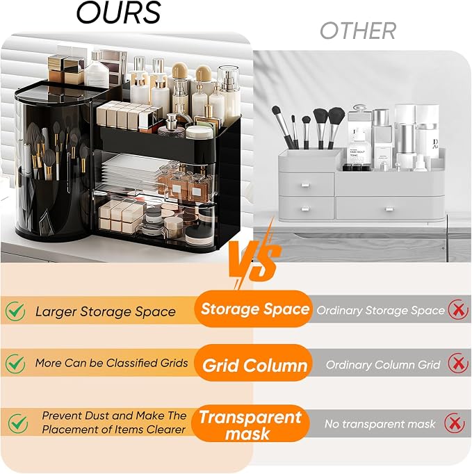 Makeup Organizer,Rotating Cosmetic Storage Organizer with Drawers,Large Capacity Makeup Brush Holder,Skincare Vanity Organizer for Bathroom Countertop,Black