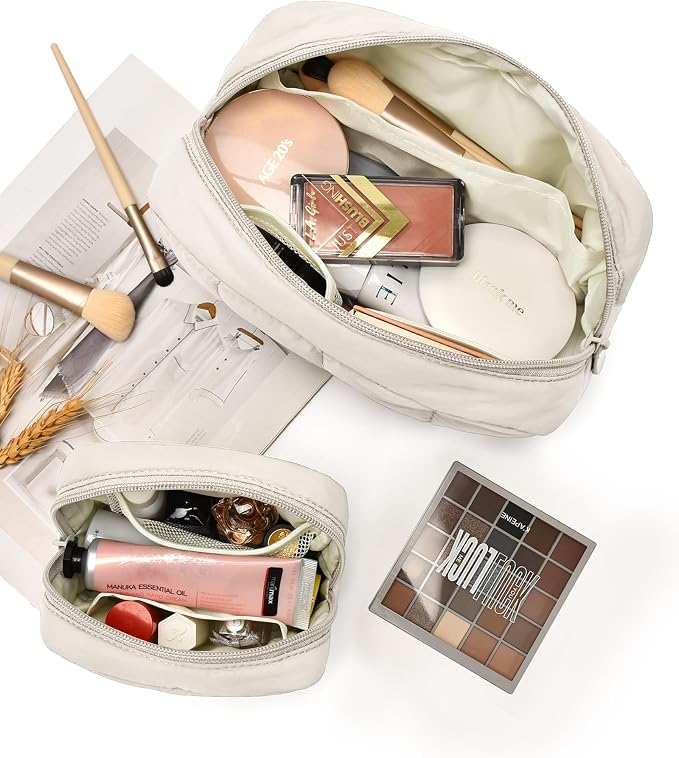 2 Pcs Makeup Bag Travel Toiletry Bag for Women Puffy Padded Cosmetic Pouch Purse Wide-open Makeup Organizer Case Travel Essentials