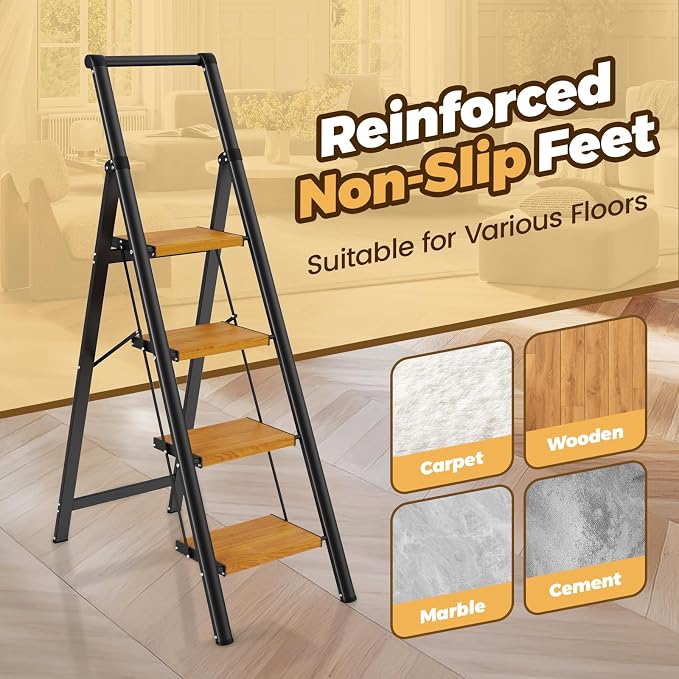 HBTower 4 Step Ladder, Lightweight Aluminum Folding Step Stool | Anti-Slip Wide Pedal, 330lbs Capacity Step Ladder for Household Kitchen Office, BlackWoodgrain