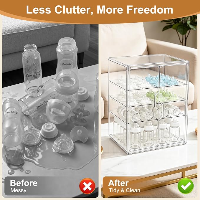 ERTIUANIO Baby Bottle Organizer – 4 Tier Bottle Storage Organizer Baby with Double Magnetic Doors for Nipples, Pump Parts, Food Jars – Clear Nursery Cabinet for Countertop Kitchen