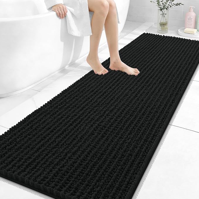 OLANLY Bathroom Runner Rugs 70x24, Thick Soft Absorbent Chenille Bath Rugs | Black, Quick-Drying Rubber Backing, Long Shaggy Bath Mat, Machine Washable for Floor, Tub and Shower, Home Decor Accessories