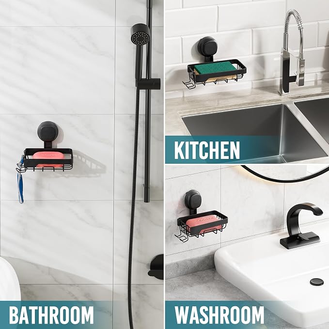 TAILI Soap Dish for Shower, Bar Soap Holder,Suction Visible Indicator,Black | Soap Holder Shower, Soap Bar Holder for Shower Wall, Removable Bathroom Sponge Holder, One-Press Plastic Soap Dish