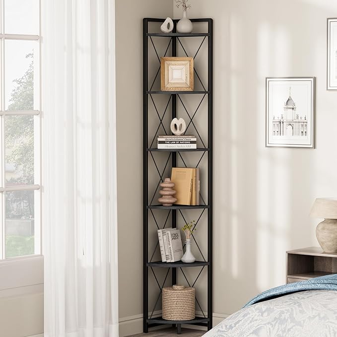 6 Tier Corner Shelf Stand, 78" H Tall Corner Bookshelf, Black | Industrial Metal Corner Shelf for Living Room Decor, Plant Stand Display Shelf for Bedroom, Bathroom, Small Spaces