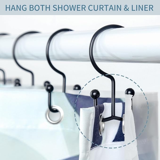 24 Pcs Shower Curtain Hooks, Goowin Shower Curtain Rings, Durable Black Shower Curtain Hooks Rust Proof, Shower Rings for Curtain, Double Glide Shower Hooks for Shower Curtain Rods, Black