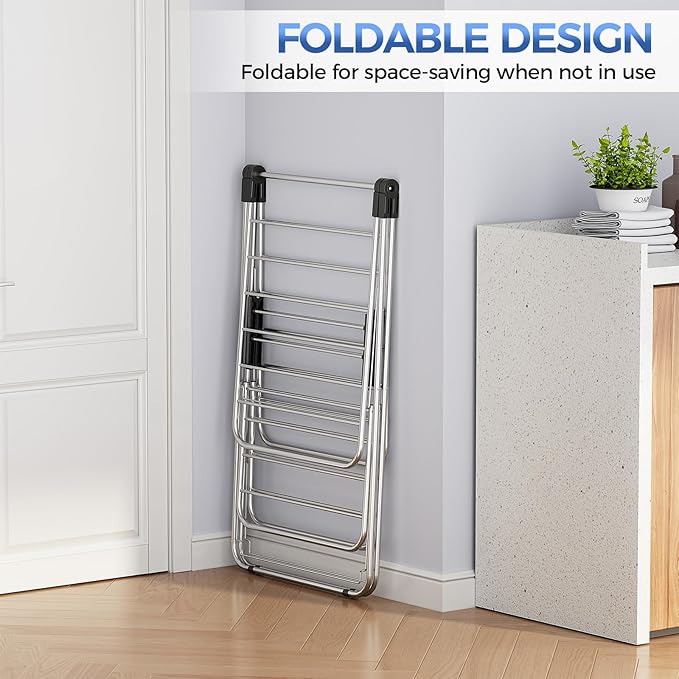 Large Stainless Steel Clothes Drying Rack, Generous Drying Area | Foldable 2-Level Drying Rack Clothing, Free-Standing Laundry Airer, with Height-Adjustable 4 Wings, Matte Black