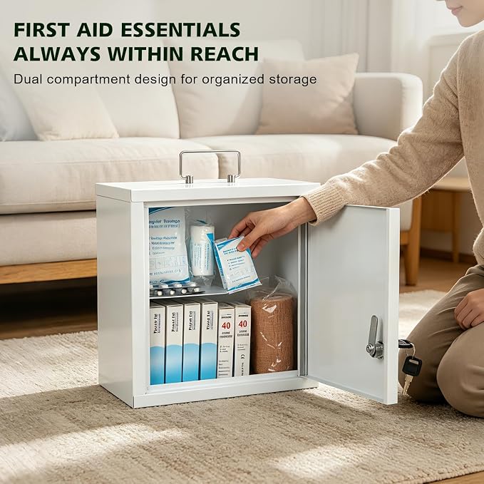 KYODOLED Locking Medication Lock Box with Keys, Wall Mount, White | 10 x 4.7 x 10 inch, steel durability, locking controlled access, child safe out of reach storage, home & first aid use