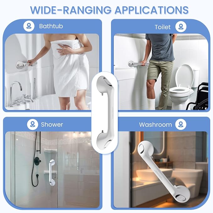 2 Pack 16 Inch Grab Bars for Bathtubs and Showers for Seniors, Heavy Duty Shower Handle for Elderly, Suction Cup Removable Handrails Handicap Bath Grip Bathroom Upgrade Safety Grips (White)