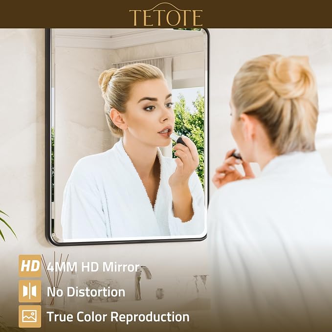 Black Framed Vanity Mirror 24 x 32 Beveled Edge Tempered Glass, Rounded Corner Rectangle Bathroom Mirror for Over Sink for Modern Bathroom, Living Room, Bedroom, Entryway