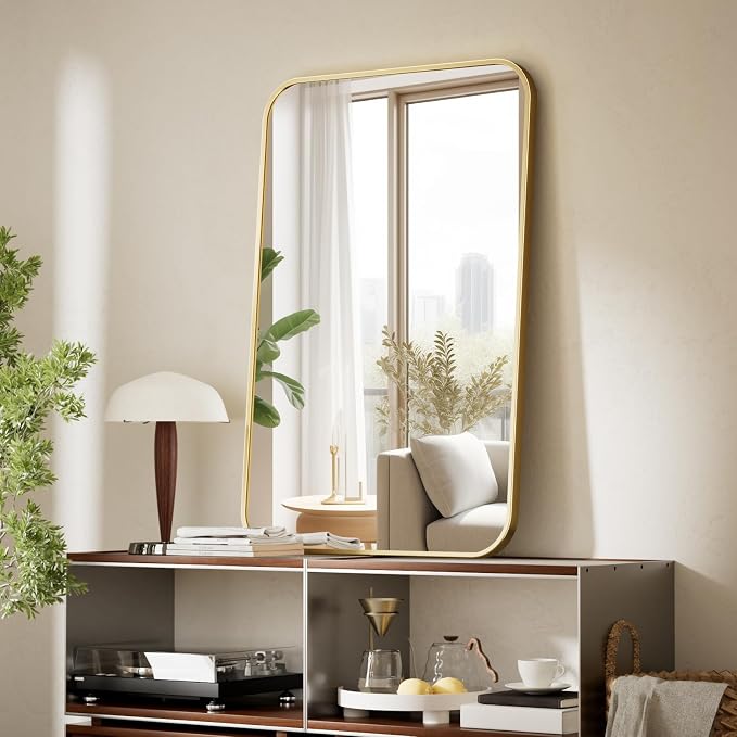 BEAUTYPEAK 24" x 36" Rectangular Aluminum Alloy Frame Wall Mounted Bathroom Mirror with Rounded Corners, Gold | Aluminum Alloy Frame with Rounded Corners