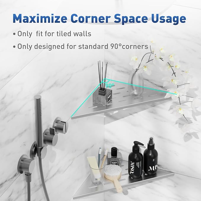 lives Shower Corner Shelf 10" Slot Design Bathroom Shelves for Tiled Wall, 304 Stainless Steel Recessed Organizer Corner Shelves for Inside Shower Decor, 2 Pack, Silver