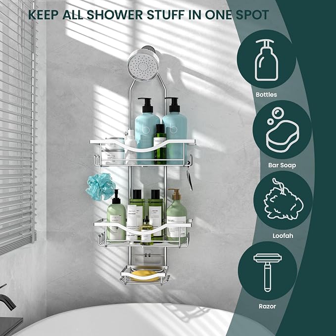 REINHARDT Adjustable Shower Caddy Hanging Over Shower Head, Silver | Rustproof Shower Organizer, Extra Long, No Drilling, Anti-Slip, Fast Draining, Soap Holder, 12 Hooks, Bathroom Accessories