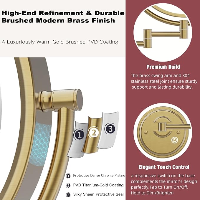 10" Plug In Extending Magnifying Mirror with Light Wall-mounted Bathroom | 2-Sided, 1/5X Vanity with Lighting, 3 Color LED Dimmable, Extension Swing Arm, Folding Adjustable, Brushed Moderne Brass