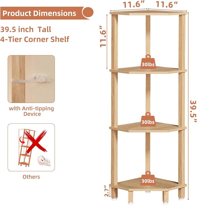YUFAM 4-Tier Corner Shelf, Natural | Wooden Corner Bookshelf for Small Spaces, Corner Standing Shelf with Sturdy 5-Leg Base for bathroom