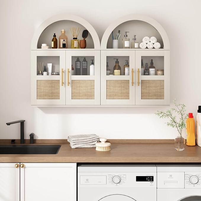 RUSTOWN Arched Bathroom Wall Cabinet with 2 Glass & Rattan Doors | Rattan Medicine Cabinet, Farmhouse Over the Toilet Storage Cabinet, Adjustable Shelves, 3-Tier Wall Mounted Cabinets