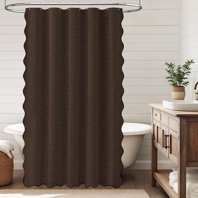 Boho Scalloped Linen Textured Cloth Shower Curtain Set, 60x84, Brown | Narrow Long Size, 230GSM Waterproof Polyester, Heavy Duty Fabric, 10 Plastic Hooks, Modern Farmhouse Style, Machine Washable