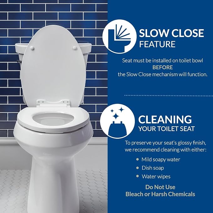 Mayfair Aurora Slow Close Toilet Seat, Easy Clean Hinges and Adjustable Perfect Fit Plastic Seat, Round, White