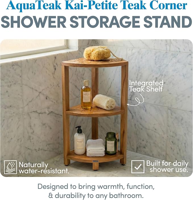 AquaTeak Kai-Petite 12" Teak Corner Shelf Stand, 3 Tier Shower Stand | Space-Saving Design, Durable Water-Resistant Teak, Anti-Slip Feet