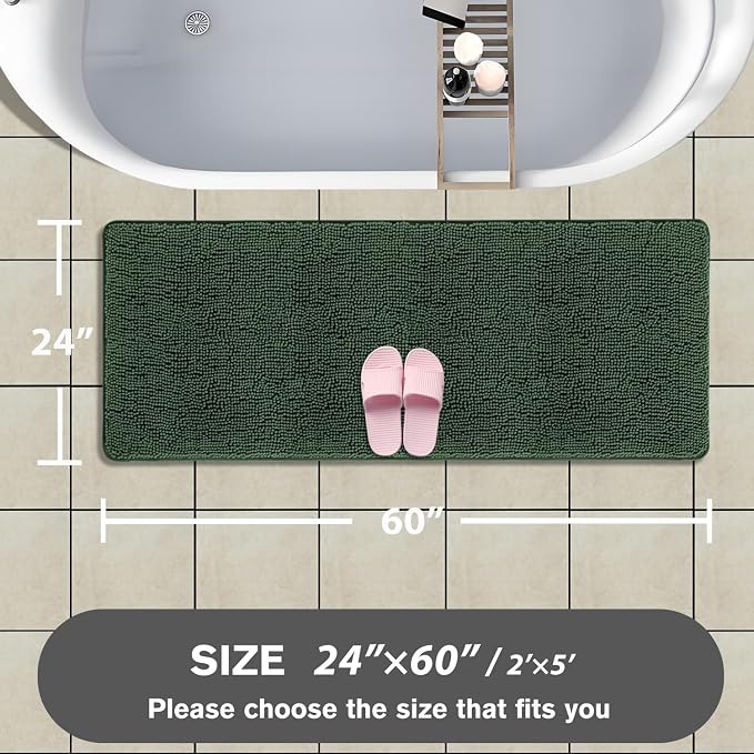 Bathroom Runner Rug 24 x 60 Inch – Extra Large Long Bath Mat | Absorbent and Washable Thick Chenille Bath Rug Non-Slip Runner Rug for Bathroom, Shower, Sink(Hunter Green)