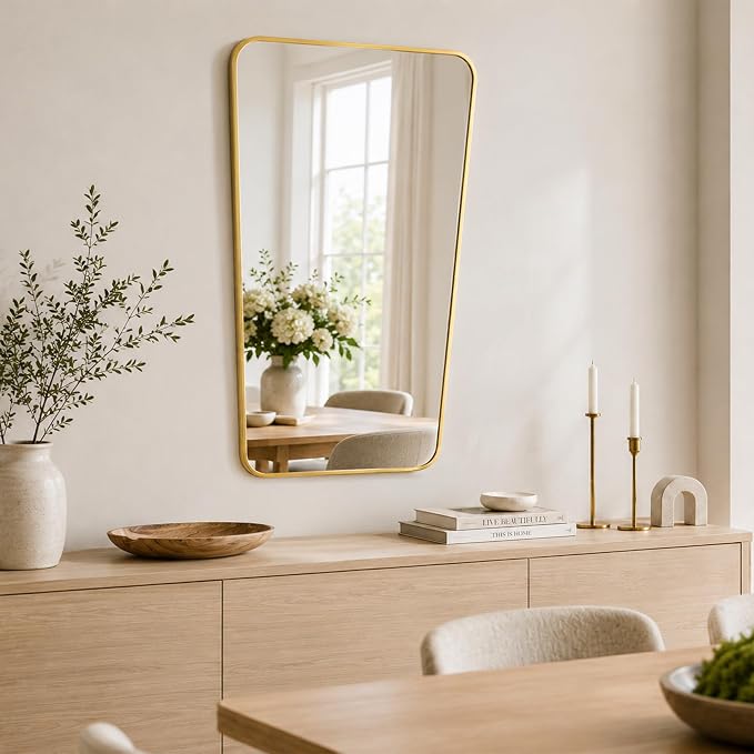 Brushed Gold Tapered Rounded Rectangle Bathroom Mirror, 24x36 Inch | Aluminum alloy frame, soft trapezoid shape, tempered glass, reversible vertical keyhole mount