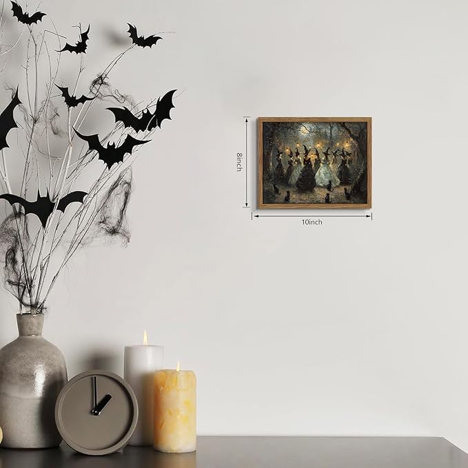 Framed Vintage Halloween Witches Wall Art, Dark Academia Gothic Black Cat Painting Canvas Prints, Halloween Wall Decor, Coven of Witches Dancing Scene Forest Poster for Living Room 8x10in