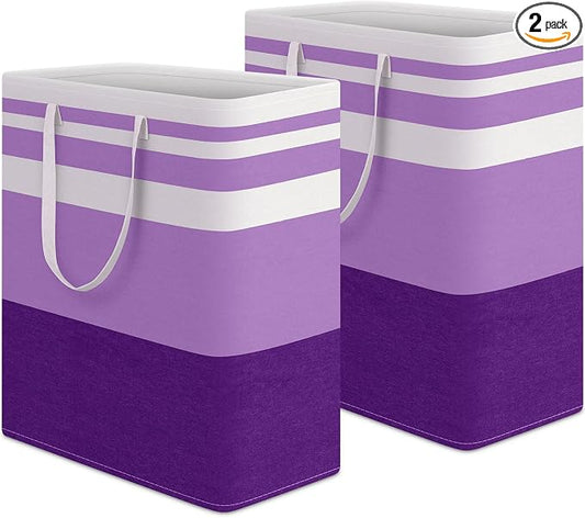HomeHacks 2 Pack Laundry Baskets, Laundry Hampers Bags (Purple 100Lx2) | Waterproof, Freestanding, Collapsible Clothes Hamper with Reinforced Handles in Laundry Room, College Dorm, Bathroom, Bedroom