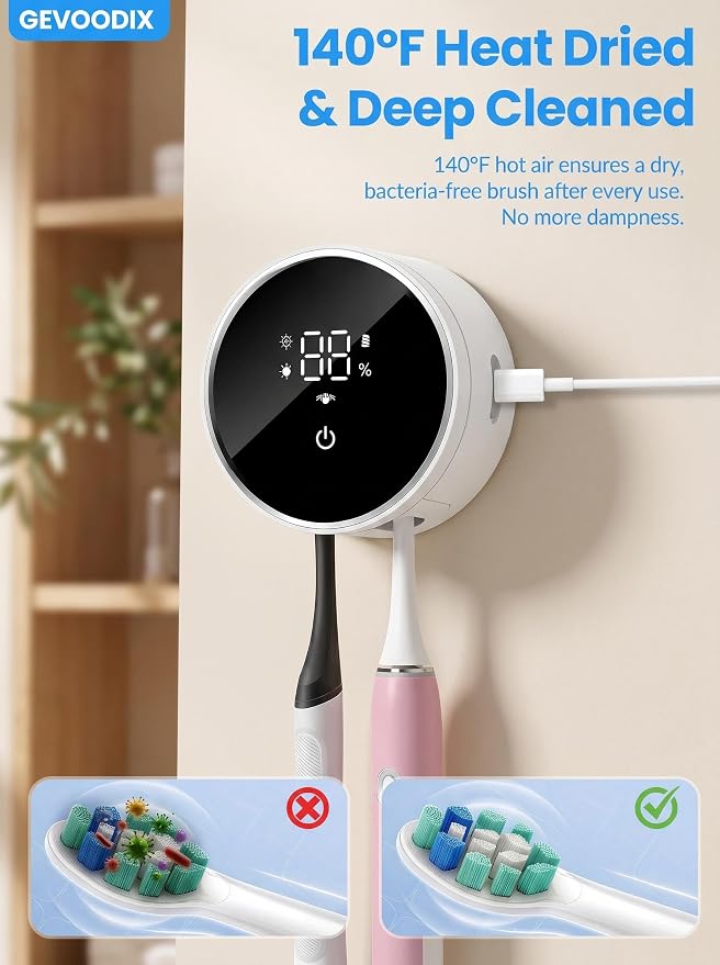 Toothbrush Sanitizer and Holder, Toothbrush Holders for Bathroom, Tooth Brush Wall-Mounted Cleaner Organizer with Auto-Inductive Cover, Air Drying Fits Most Electric, Manual and Kids’ Toothbrushes