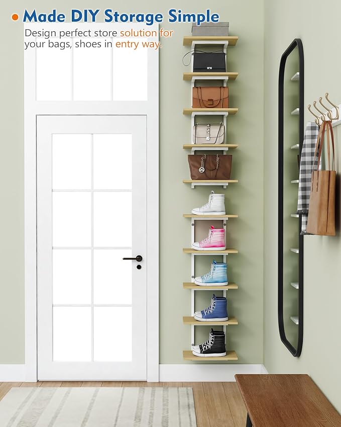 Harwaya White and Natural Tiered Wall Shelf Unit, 5 Tier Display Floating Shelves, Deep Hanging Wall Shelving Unit for Living Room Plants TV, Bedroom Books, Office Décor (White and Natural Wood)