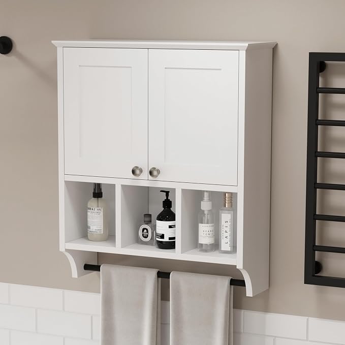 Bathroom Medicine Cabinet, Bathroom Cabinet Wall Mounted Over-The-Toilet with Towel Bar, 2 Doors & 3 Open Shelves, White