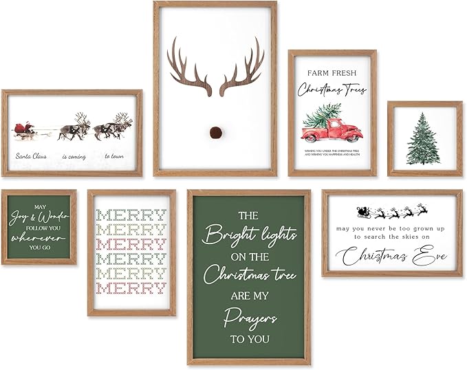 Faccito 8 Set Reindeer Christian Wall Art Framed, Wooden Decor | Religious Quotes Decor for Bedroom Office, Inspirational Scripture Wooden Art, Modern Framed Set for Home Classroom Work