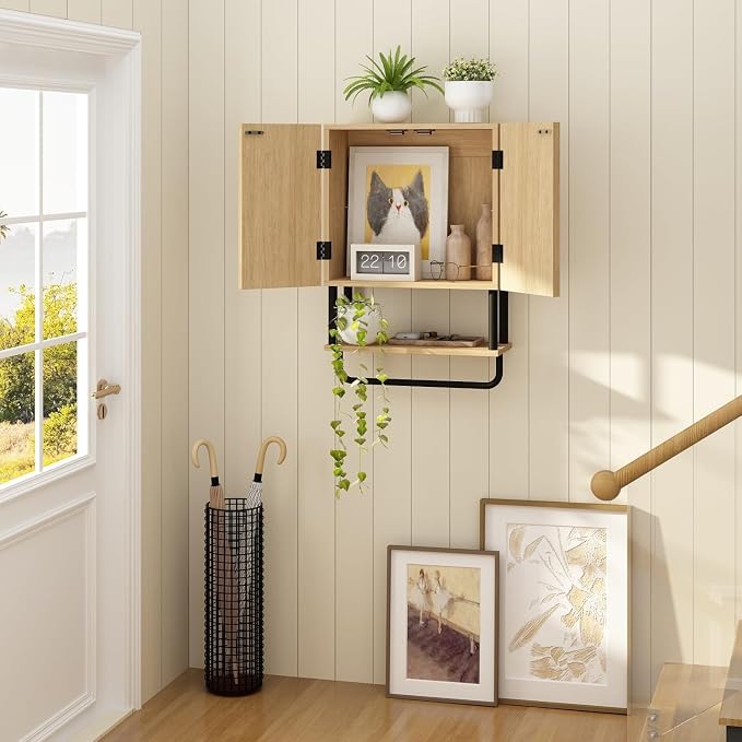 RUSTOWN Fluted Bathroom Wall Cabinet with 2 Doors, 3-Tier Medicine Cabinet | Modern Farmhouse Wall Mounted Cabinets, Over The Toilet Storage Cabinet, Adjustable Shelf and Towel Bar, Small