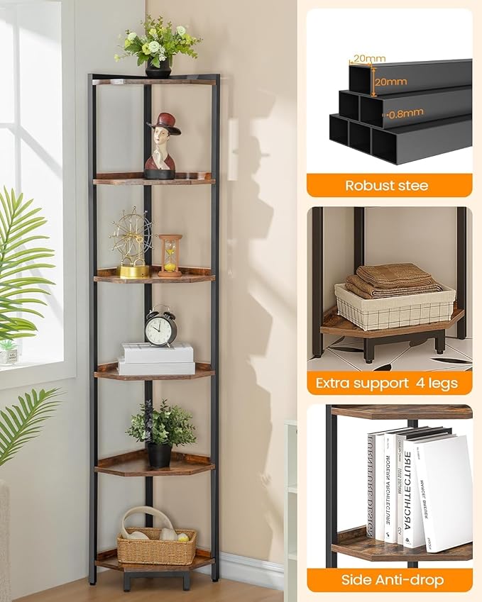 Hzuaneri Corner Shelf Stand 6-Tier Corner Bookshelf Storage Standing Shelf | Bookcase Plant Stand with Metal Frame for Living Room, Home Office, Bedroom, Rustic Brown CS06001B