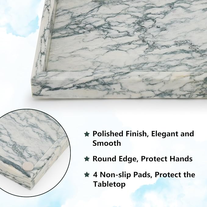 Real Natural Marble Tray for Bathroom, Vanity, Kitchen Counter & Desktop | Rectangle Genuine Stone Marble for Home Decor - Ideal for Jewelry, Cosmetics, Candles, Lotion & Perfume Display
