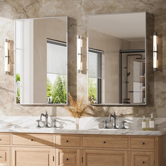 22"x30" Bruhed Nickel Rectangle Vanity Bathroom Mirror, Set of 2 | Aluminum Alloy Frame, Clear Reflection, Rust-Resistant, Vertical or Horizontal, Wall Mount, Bedroom and Entryway