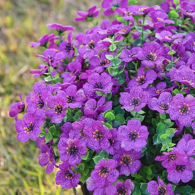 Artificial Flowers for Outdoor Indoor Garden Home Decoration, Faux Flower Daisy with Eucalyptus Leaves Fake Plants Greenery Boxwood Porch Patio, 12 Bundles (Purple)